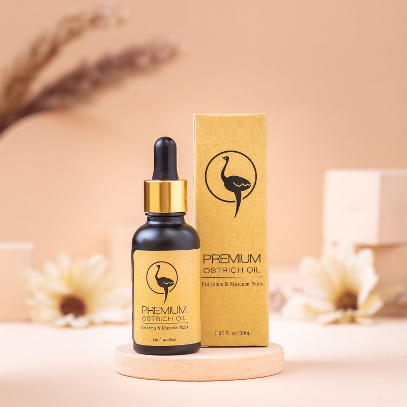Nutra Cure Premium Ostrich Oil bottle and box for joint and muscle pain relief in Pakistan