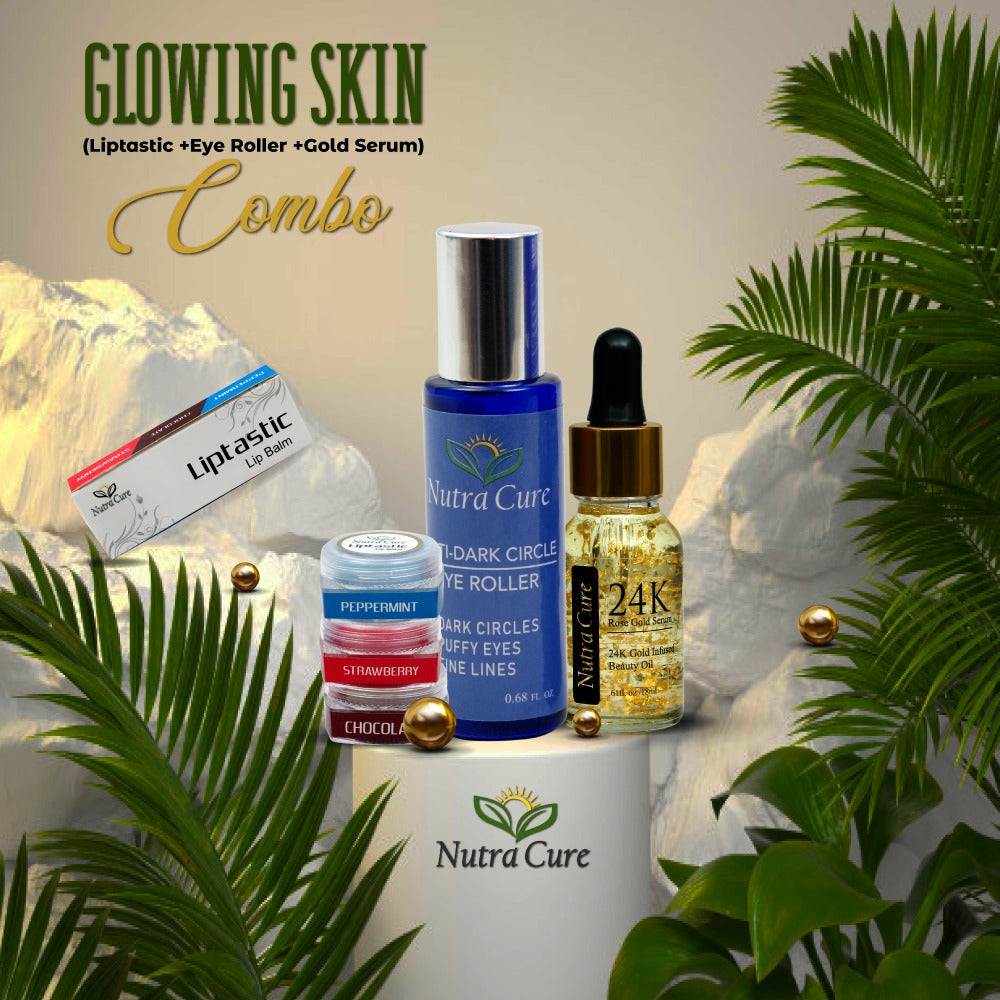 GLOWING SKIN COMBO | 24K ROSE GOLD SERUM + LIPTASTIC (PACK OF 3) + EYEROLLER